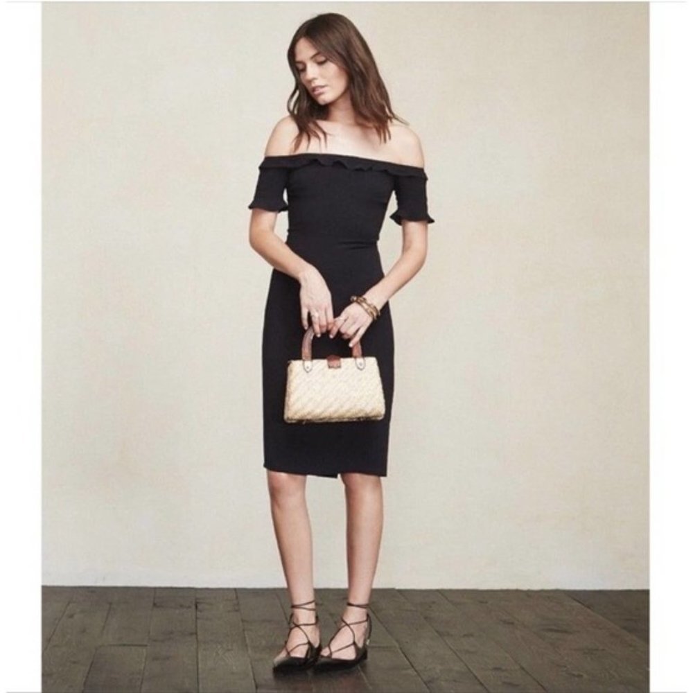 Reformation Antonia Dress Ruffle Off The Shoulder Midi Dress in Black Size 4